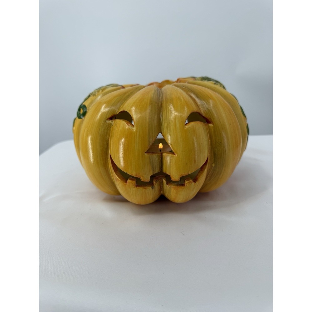 Ceramic Smiling‎ Jack O Lantern Votive Candle Holder Light Orange Color